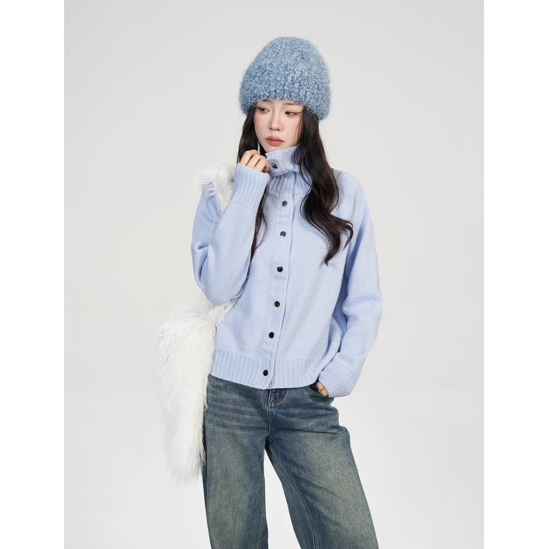 【小野莓】秋冬韩版高领加厚保暖设计感时尚针织毛衣开衫女BJ86449