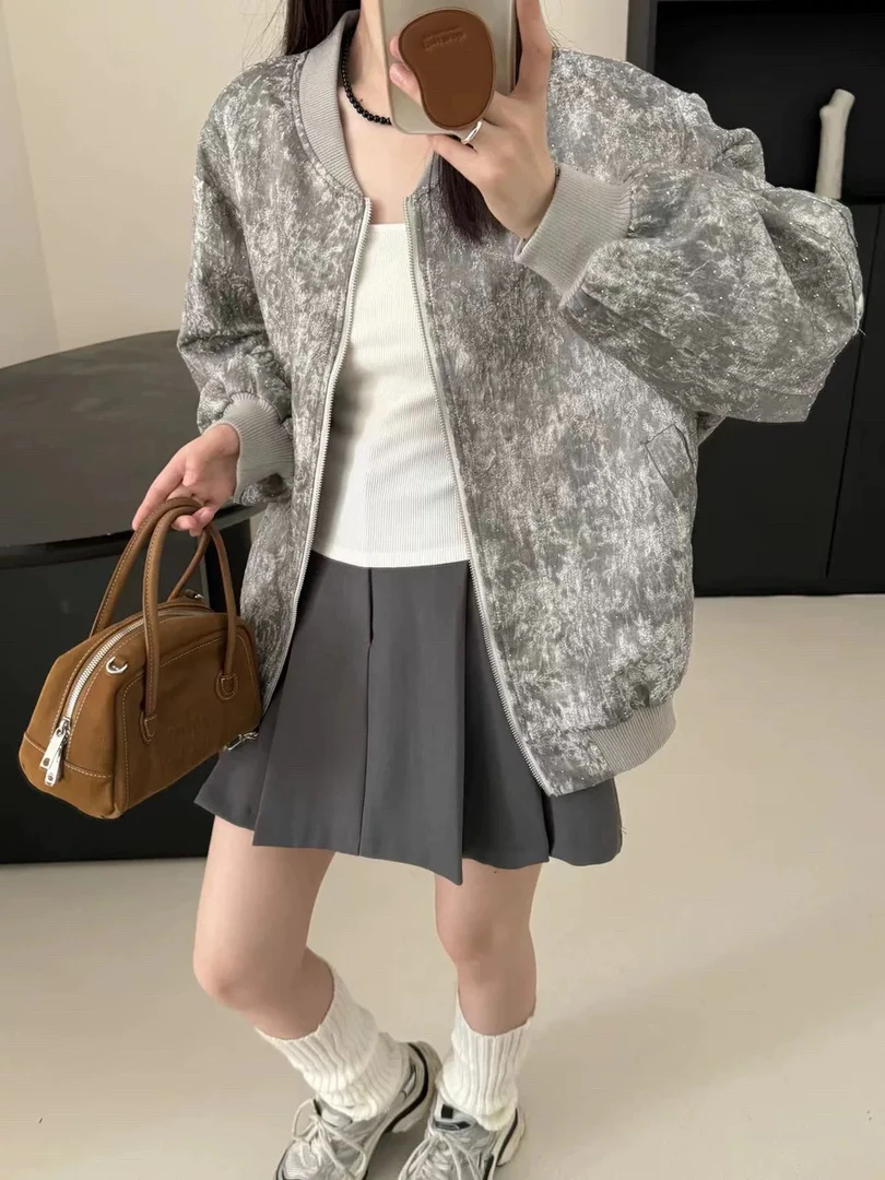 梦小小女装2024秋重工烫钻亮闪闪小众轻奢廓形高级感棒球服外套