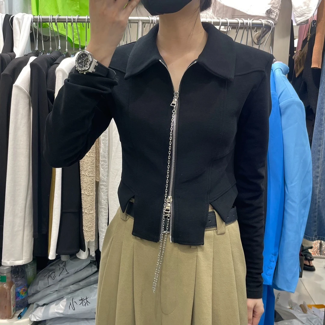 梦小小女装原创设计2025秋季显瘦链条短款上衣高级感双拉链开衫女