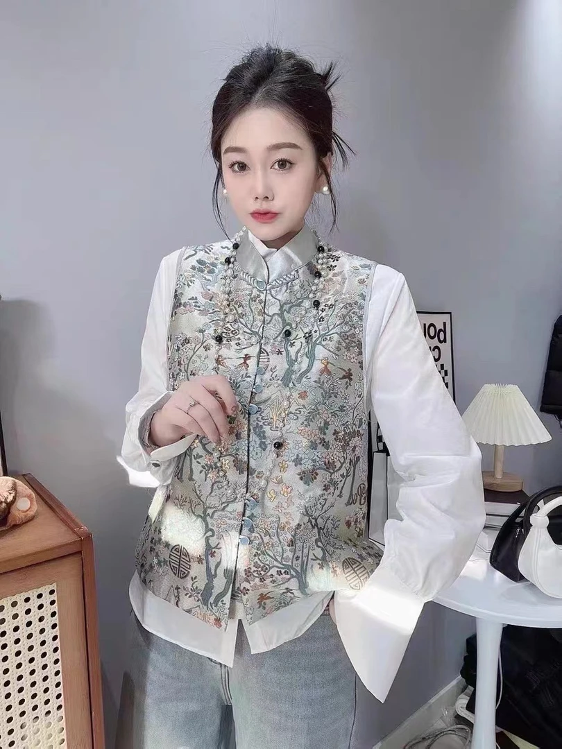 梦小小女装2025秋新中式国风套装时尚唐装盘扣绿色马甲衬衫两件套