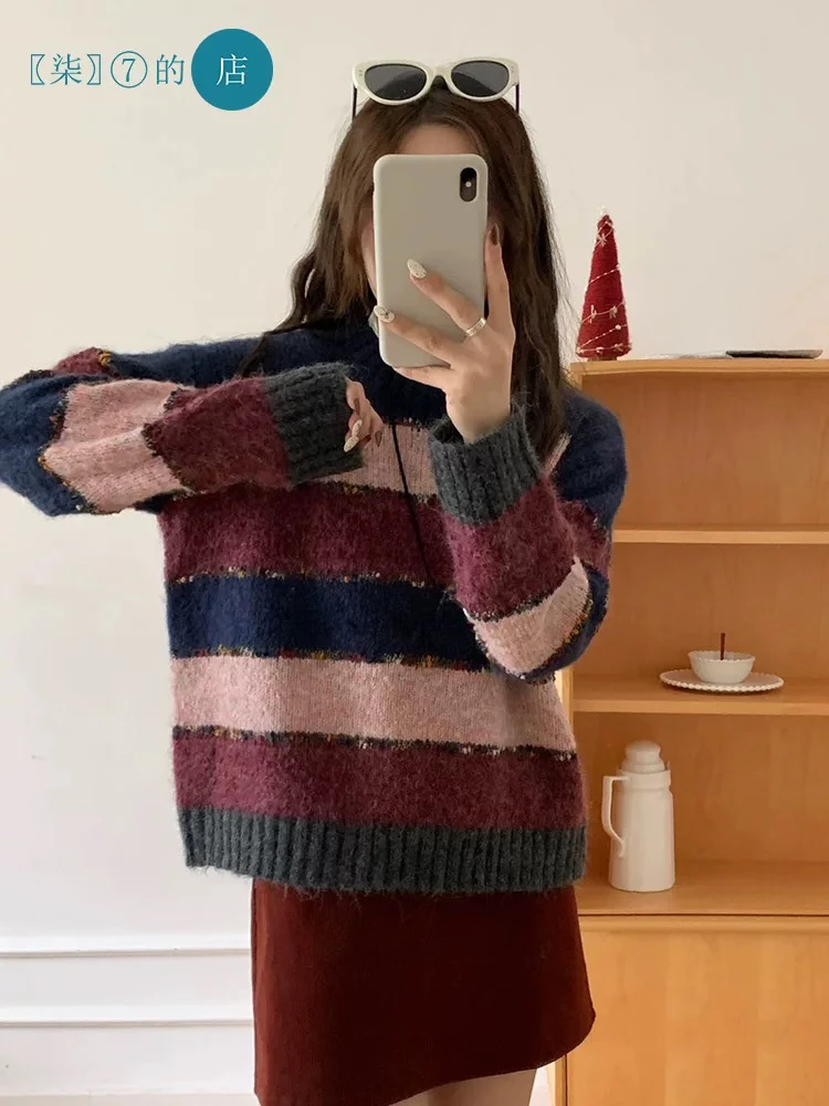 梦小小女装2024秋冬新款宽松圆领条纹针织衫女慵懒风软糯套头毛衣