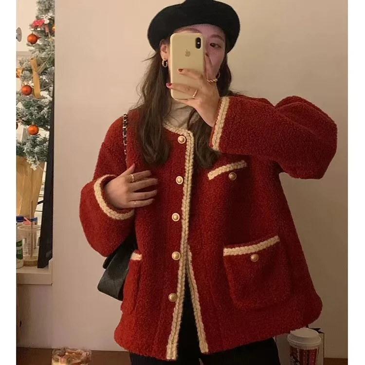 2023秋冬新款小香风红色外套女羊羔绒皮毛一体短款加绒加厚开衫
