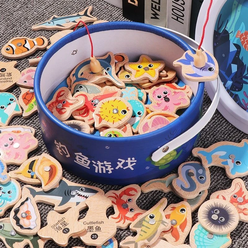 木制桶装益智磁性小鱼钓鱼玩具钓鱼游戏童玩具玩具鱼竿亲自互动