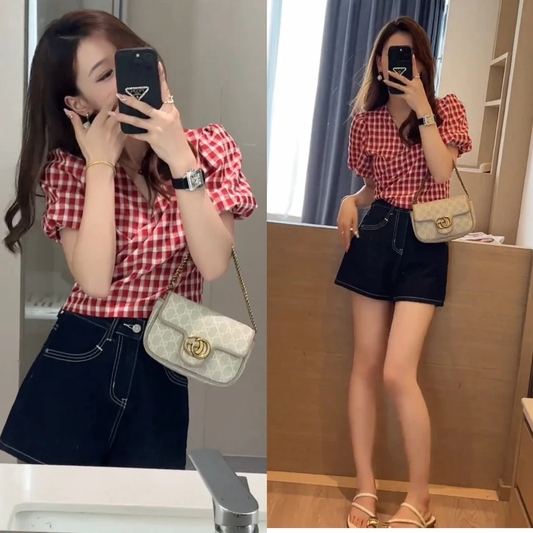 2024夏季后背绑带收腰格子短款衬衫+短裤韩系复古时尚显瘦牛仔裤