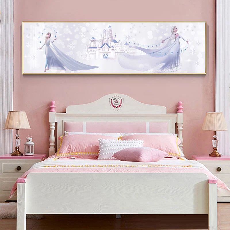 新款艾莎公主女孩卧室装饰画卡通房镶钻床头简约晶瓷背景墙壁挂画