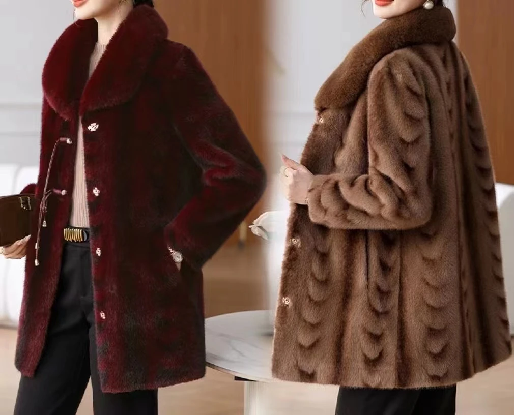 妈妈冬装水貂绒外套中长款2024新款中老年女冬季高档皮毛一体大衣
