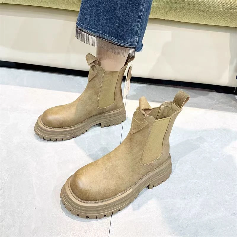 欧洲站爆款牛皮英伦风短靴2023秋冬新款松紧厚底切尔西短靴Y6001