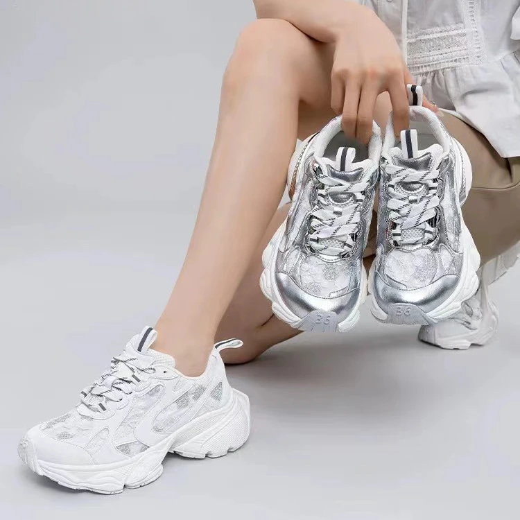 蕾丝拼接刺绣网面老爹鞋女2024夏透气厚底休闲运动鞋4C05-246020