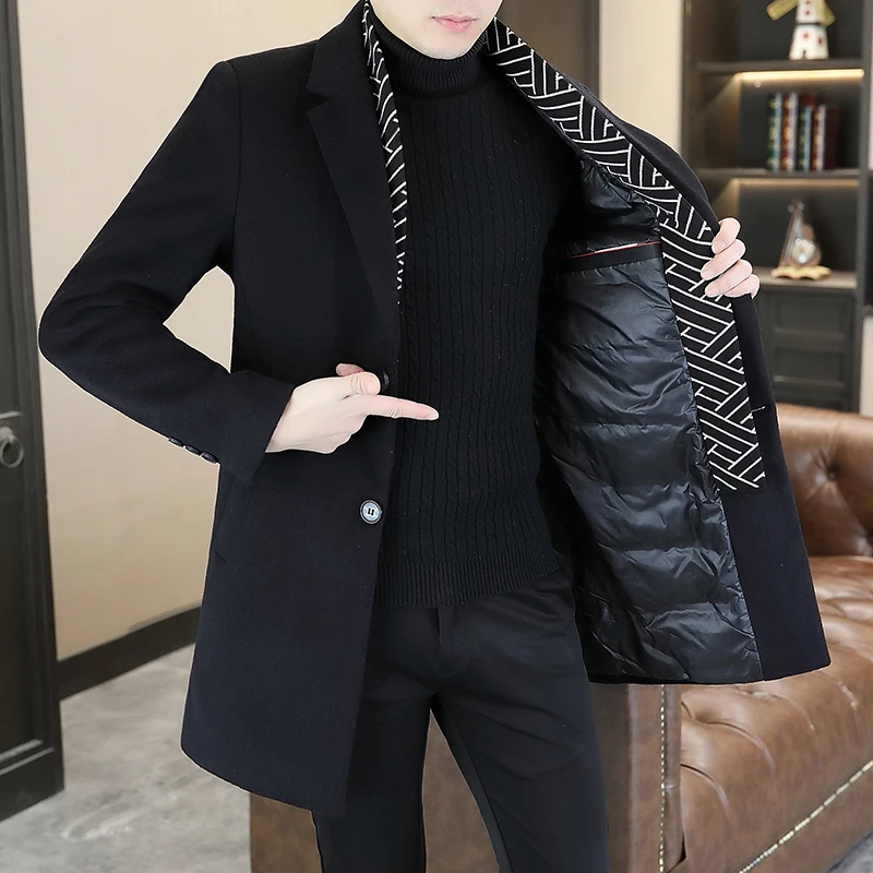 2025冬季新款男士羽绒风衣中长款加厚90白鸭绒毛呢大衣羽绒服外套