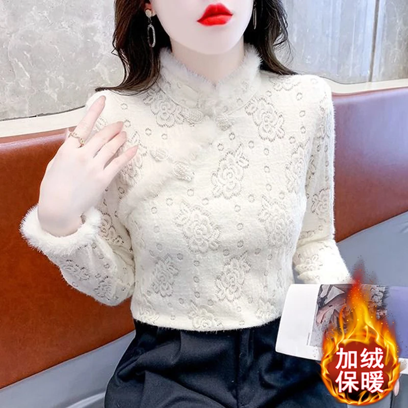 秋冬季加绒加厚打底衫长袖立领新中式小衫斜襟盘扣毛绒蕾丝衫上衣