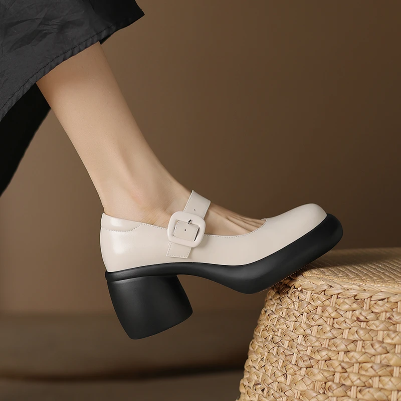 羊皮  7厘米 33-40 春秋百搭黑色粗跟厚底圆头秋季乐福单鞋