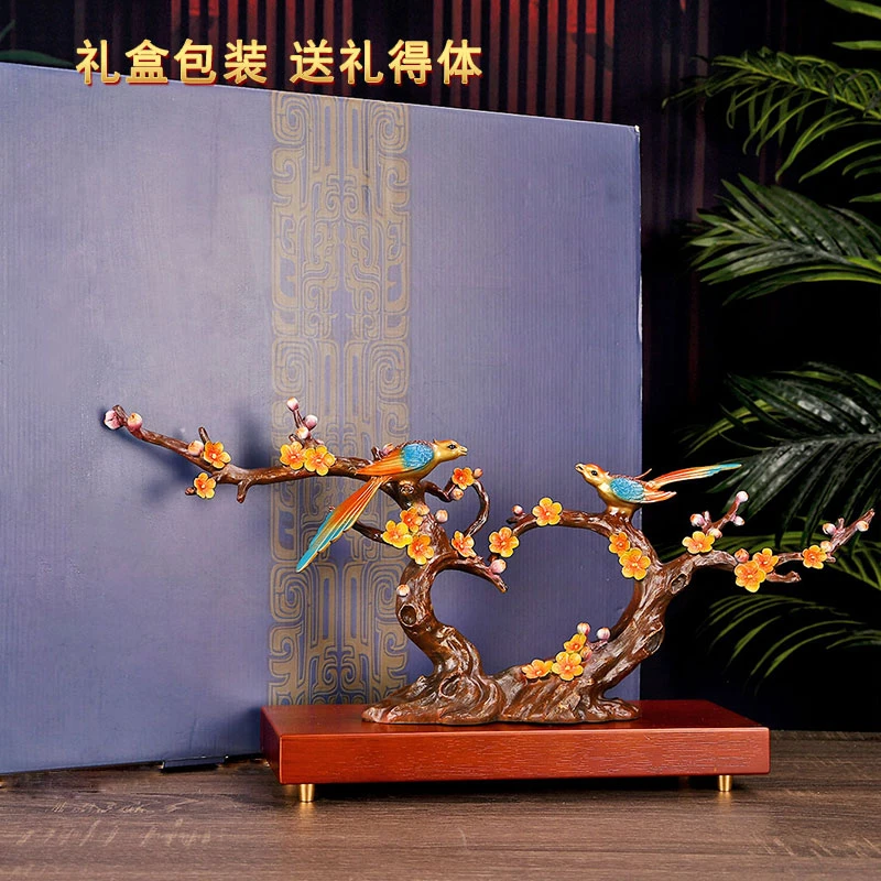 风水阁喜鹊摆件新中式客厅装饰彩铜工艺品结婚礼物