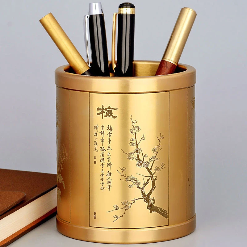风水阁铜笔筒办公室家居书房摆件中式雕刻书桌办公桌铜工艺品