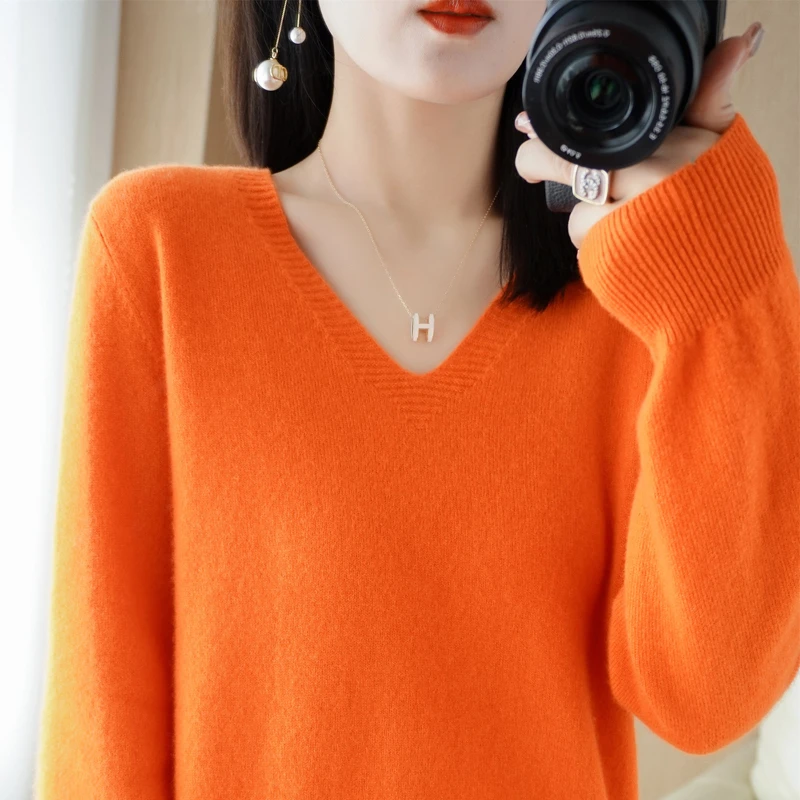 春秋宽松V领打底衫长袖针织衫内搭百搭毛衣女显瘦时尚纯色打底衫