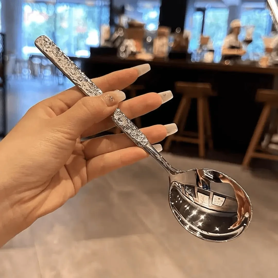 【到手2个】国复古风冰裂纹不锈钢圆更吃饭勺子汤匙大圆勺喝汤勺