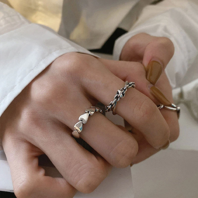 925银戒指 爱心链条交叉指环女ins潮网红时尚个性小众开口食指戒