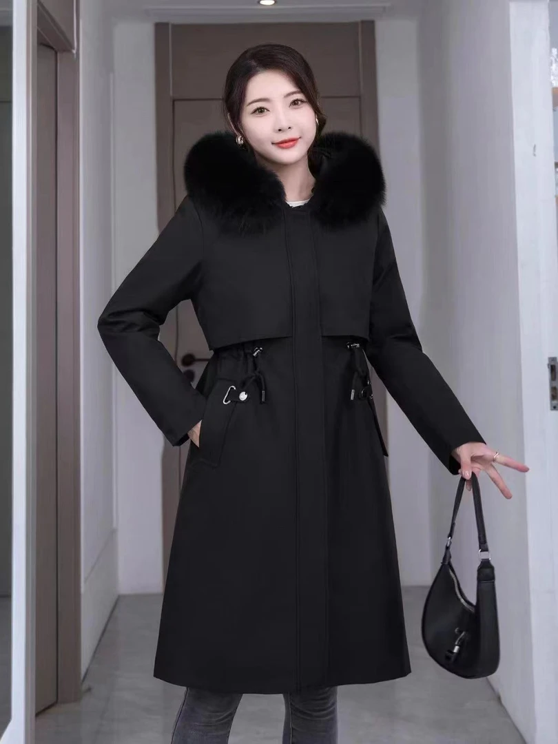 【若竹】2024新款女时尚休闲百搭中长款真毛狐狸毛领派克服2318