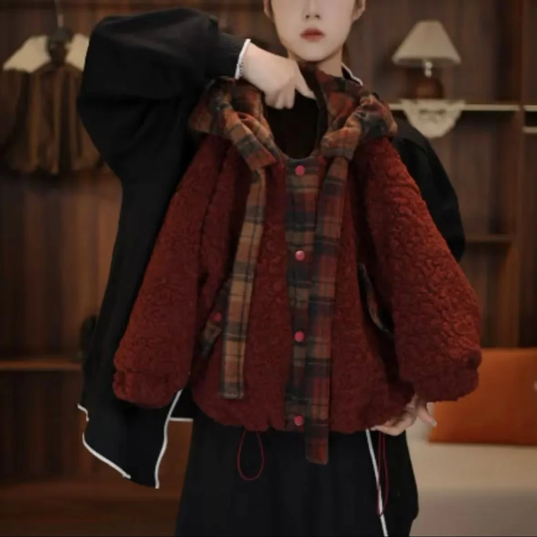 男童女童加绒加厚秋冬格子百搭外套网红复古红色宽松韩版拼接年服