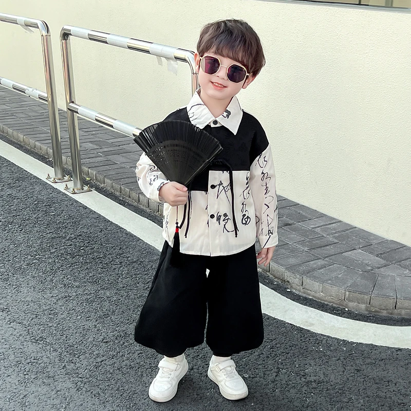 男童衬衫套装两件套春装裤子2025新款春秋中式汉服国风休闲小童