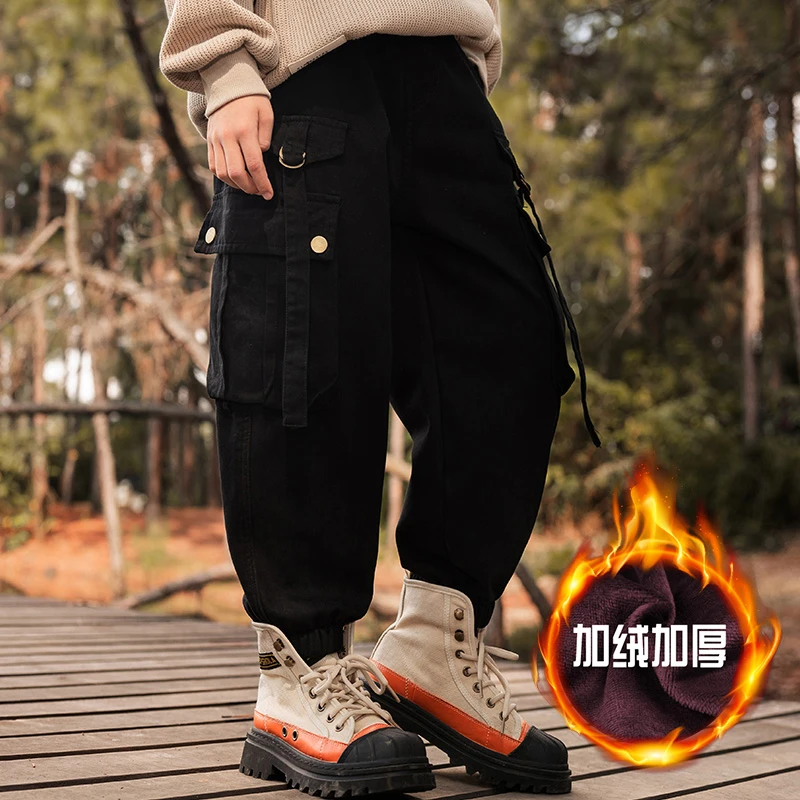 男童工装裤秋冬一体绒加绒加厚宽松设计水洗棉布韩版立体袋束脚裤