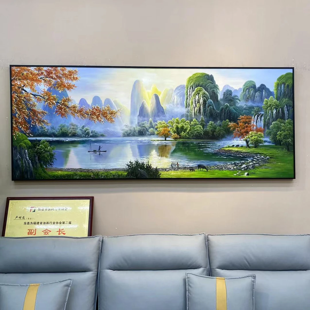 纯手绘油画客厅山水风景油画新中式客厅装饰画别墅挂画桂林山水画