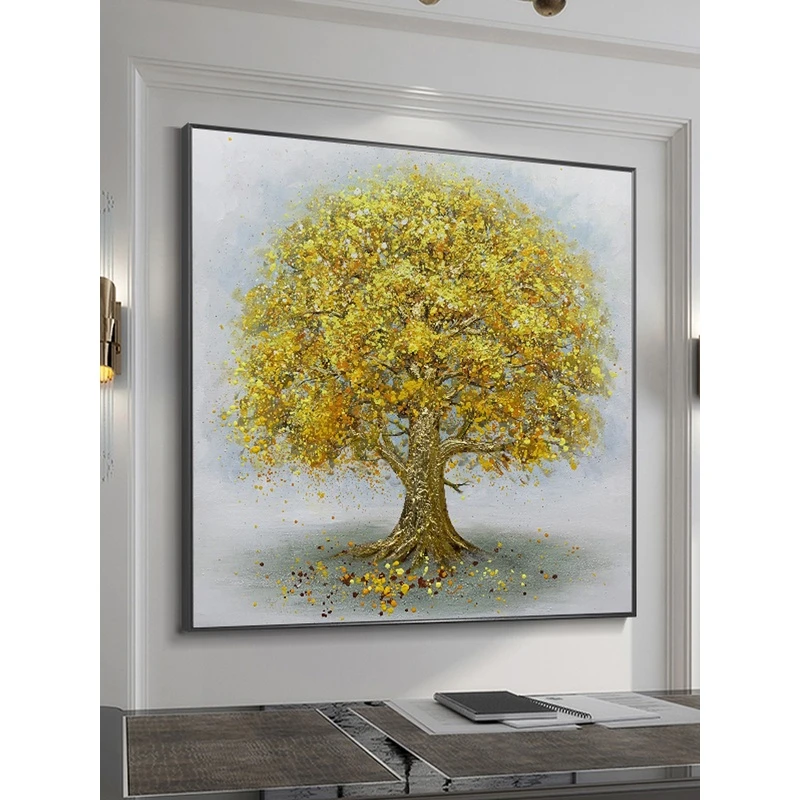 纯手绘油画新中式金色发财树挂画入户玄幻装饰画方形壁画金箔艺术