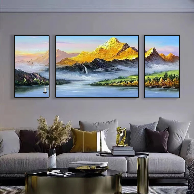 《富水金山》手绘油画客厅三联画沙发背景墙新中式聚财风景挂画轻奢