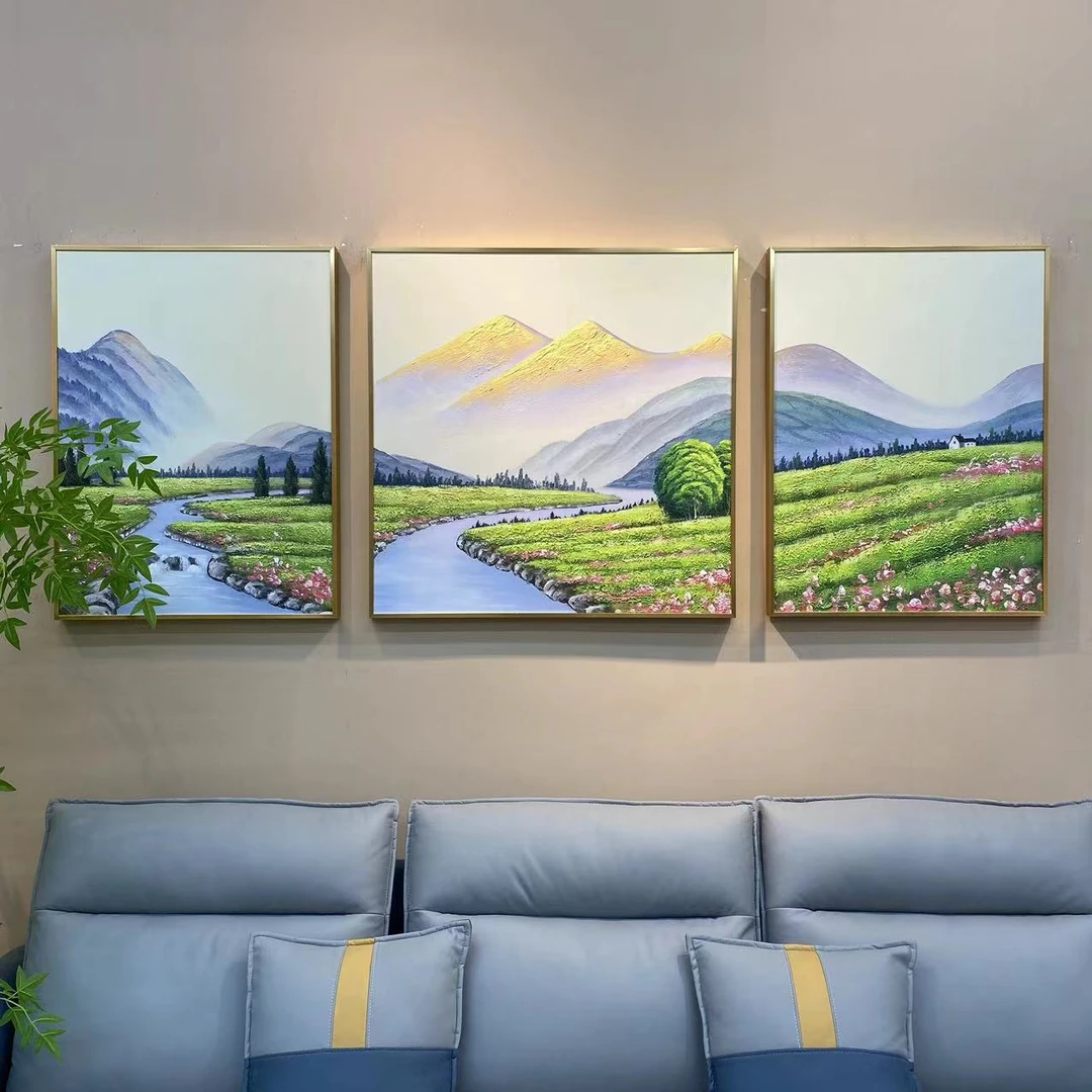 客厅装饰画手绘油画风景三联壁画现代简约沙发背景墙挂画日照金山
