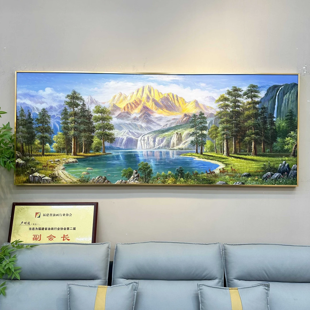 《碧水金山》客厅手绘油画山水风景装饰画美式大芬村艺术挂画聚宝盆