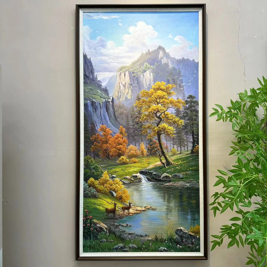 风景山水美式乡村玄关手绘油画装饰画走廊过道挂画竖版新中式壁画