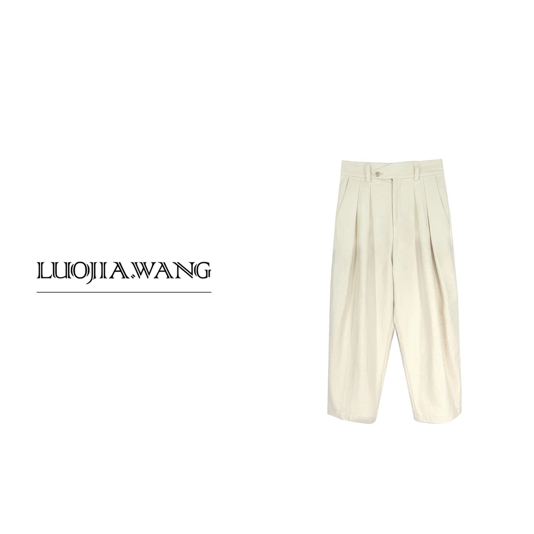 LUOJIAWANG（男裤）时髦立体修身休闲简约褶皱设计米白色休闲裤