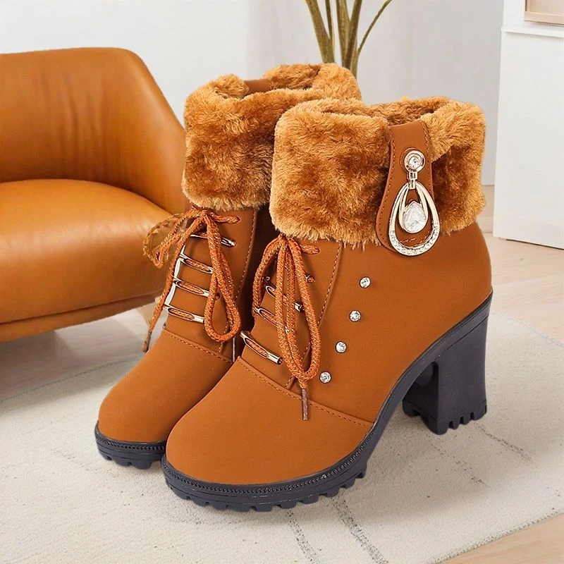 2024新款保暖马丁靴女英伦风高跟短靴粗跟防滑加绒女靴高跟鞋女