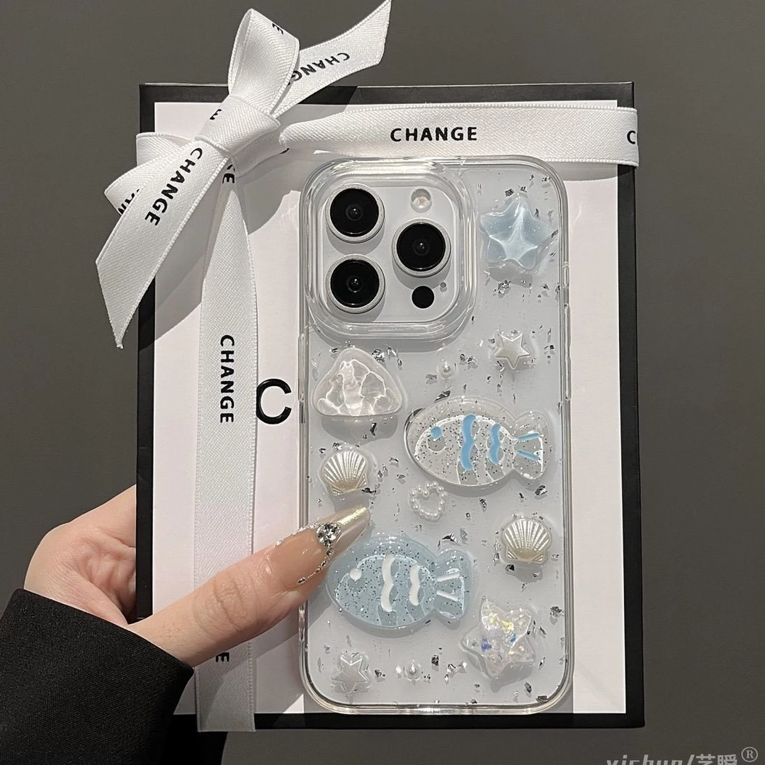 适用苹果16ProMax手机壳iPhone15滴胶海洋贝壳小鱼14创意12女款13