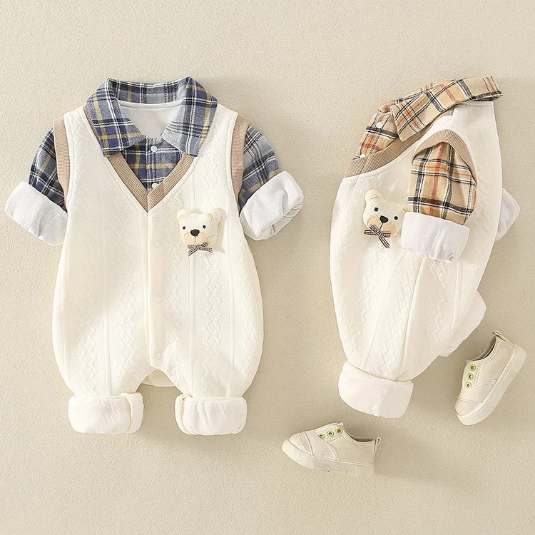 新生婴幼儿秋季款长袖连体衣男宝宝时尚洋气外出哈衣爬爬服假两件