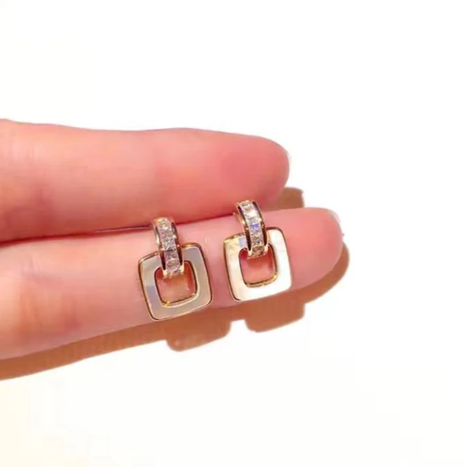 合金贝壳耳饰 复古法式方形耳钉高级感精致耳饰品气质百搭简约