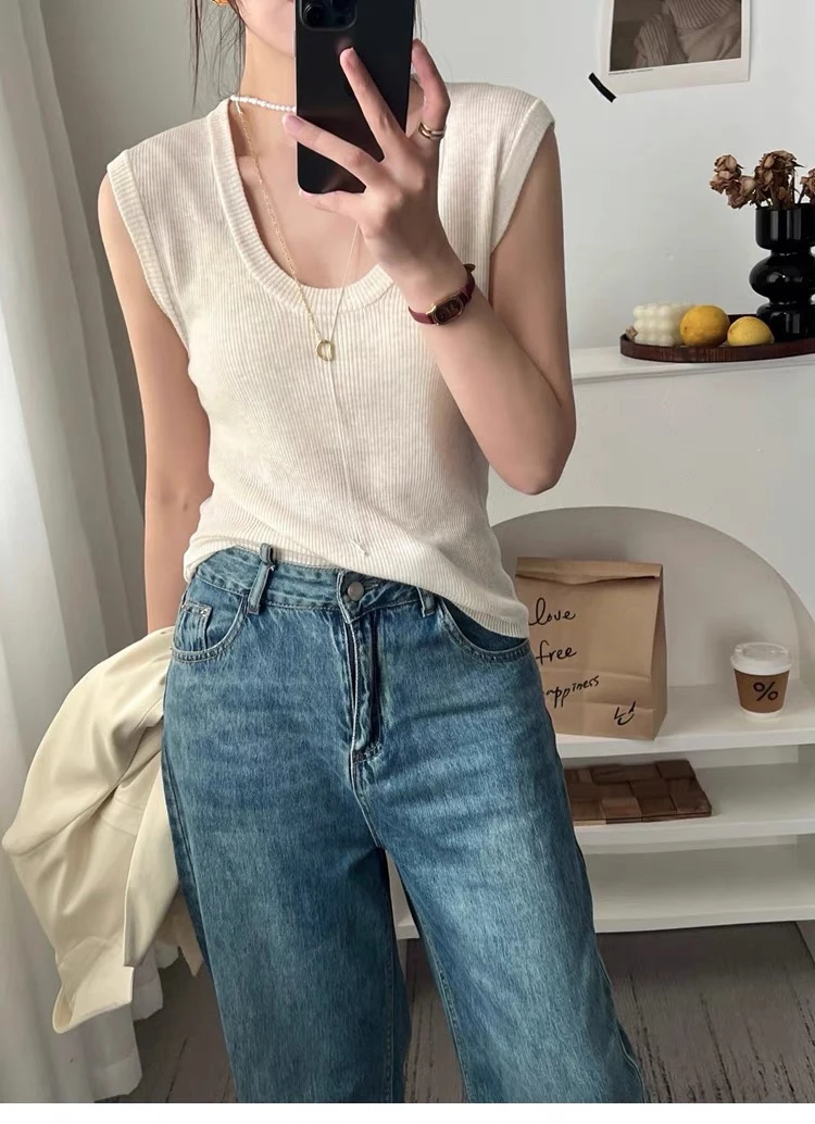 新款U领美丽诺羊毛内搭外穿无袖背心针织衫