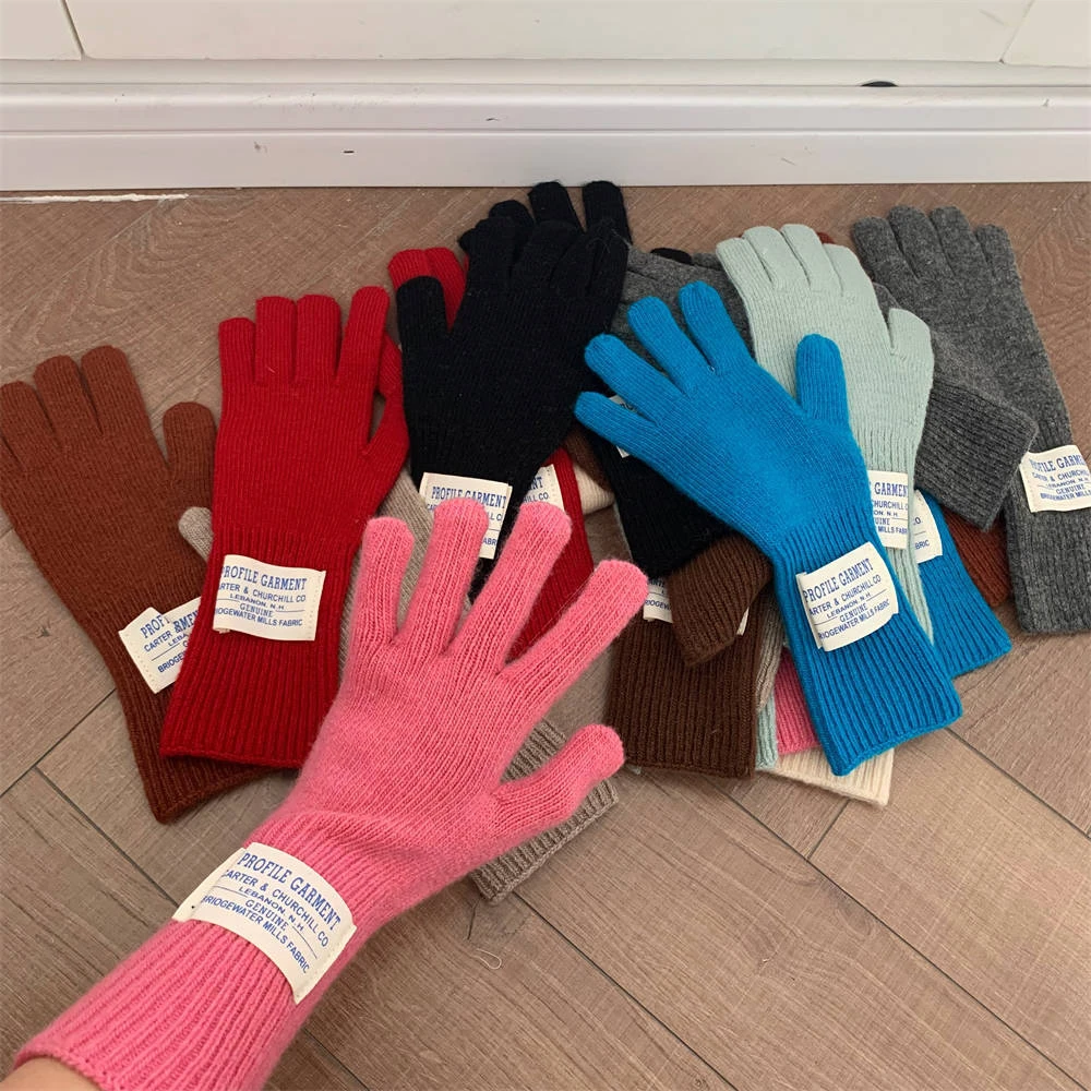 ins风韩版五指羊毛手套纯色布标可触屏漏指针织手套男女户外保暖