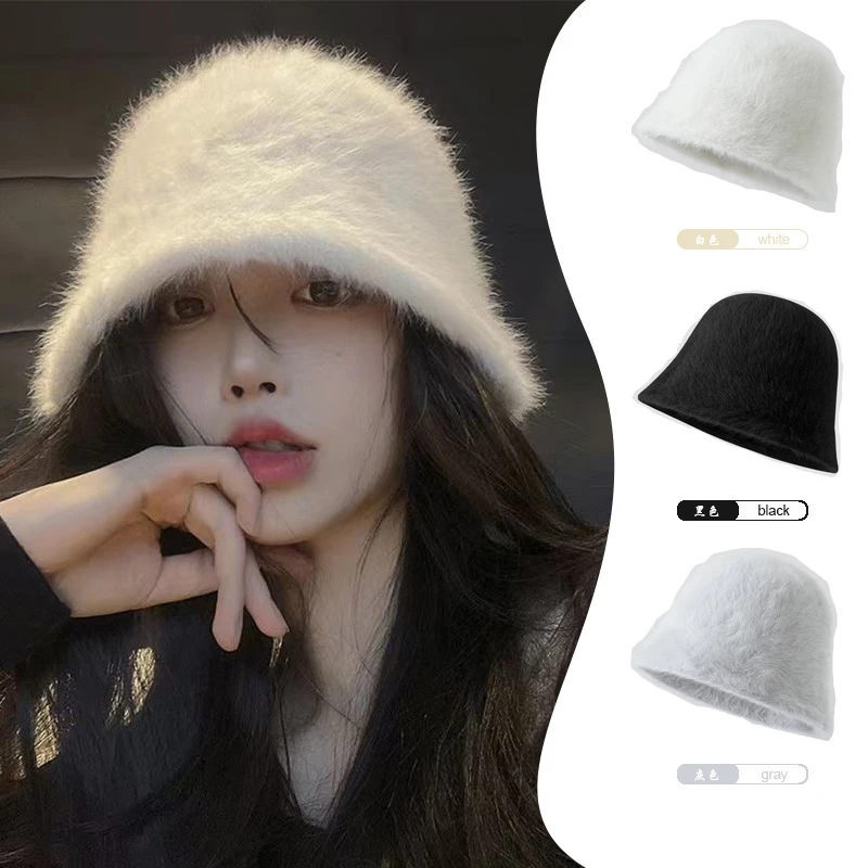 日系复古百搭遮脸兔毛水桶帽子女韩版秋冬保暖渔夫盆帽ins大头围