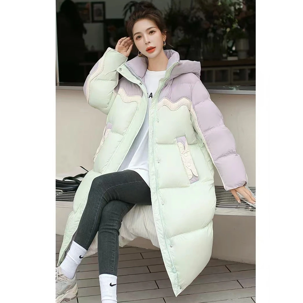 【悦悦专享】2408过膝羽绒服女冬季加厚中长款冬装新款撞色拼接外套