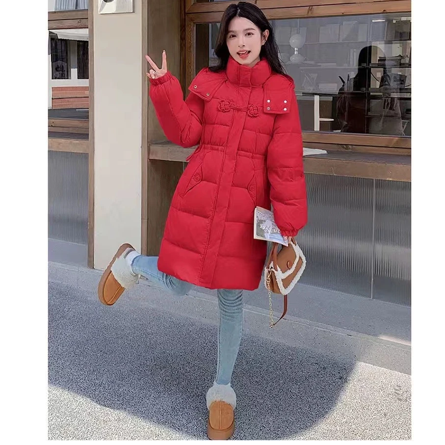 【巴黎恋人】新中式盘扣冬季甜美中长款加厚白鸭绒羽绒服外套1990