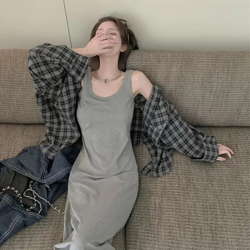 灰色哺乳连衣裙格子衬衫春秋小个子长袖外搭衬衣外套宽松套装产后