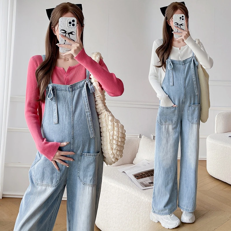 孕妇装新款时尚减龄宽松牛仔背带裤+针织纯色打底衫孕妇套装秋冬~