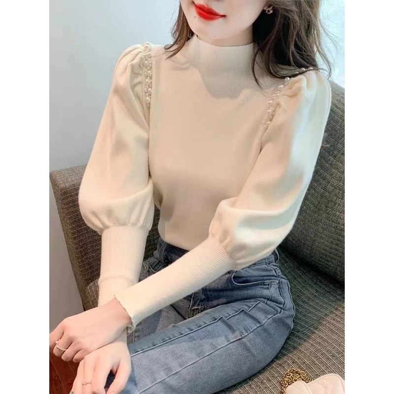 秋冬新款韩版修身针织打底衫钉珠灯笼袖孕妇哺乳高级感超好看上衣
