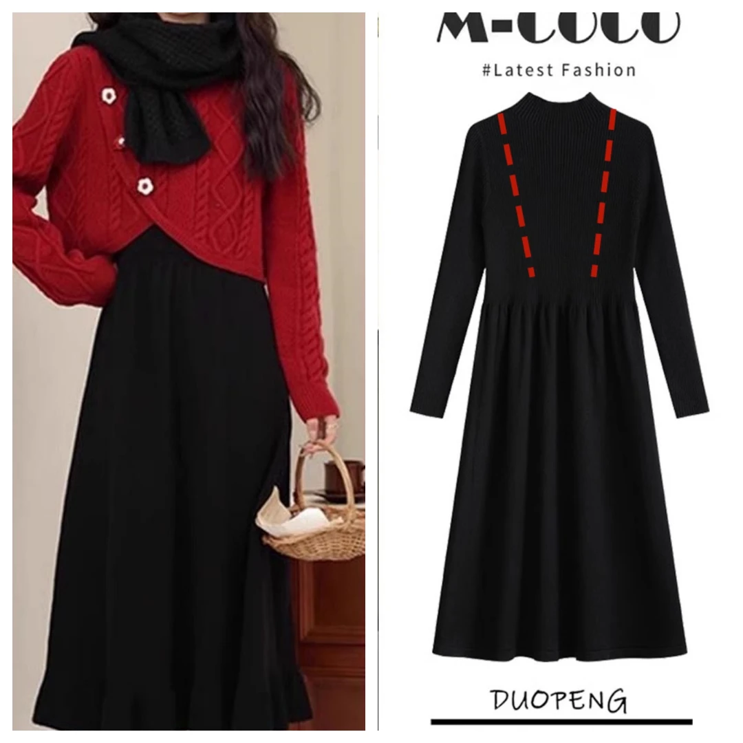 哺乳装新款红色圣诞节港岛玫瑰小香风高级感针织哺乳打底裙两件套