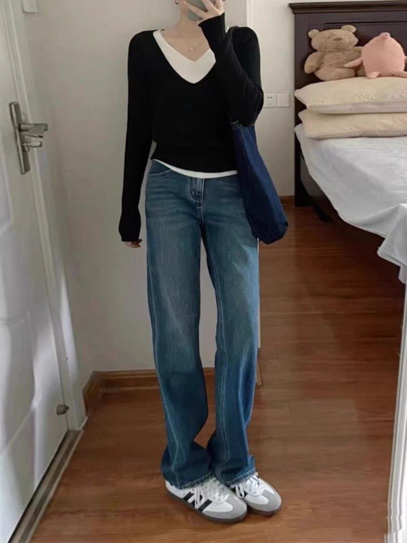 复古窄版阔腿垂感拖地牛仔裤女24年秋冬新款高腰显瘦小个子直筒裤