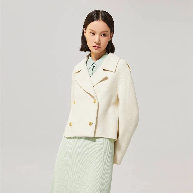 OVV秋冬新款船锚纽扣双排扣工装风斜纹丝羊毛短款大衣GWDAJ42112A