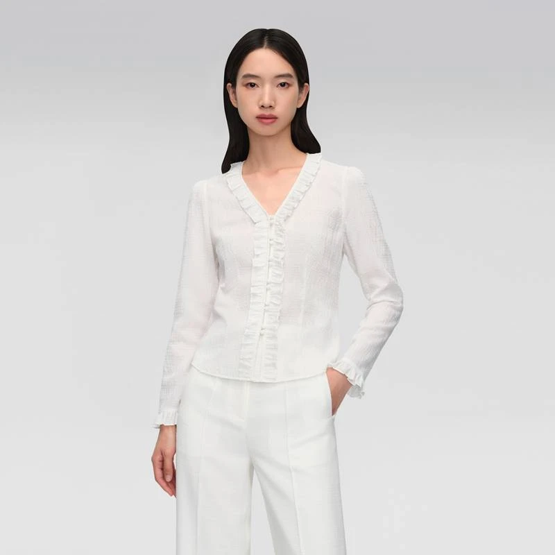 OVV春夏新款女装弹力丝棉混纺花边V领泡泡长袖衬衫GNEAJ14003A