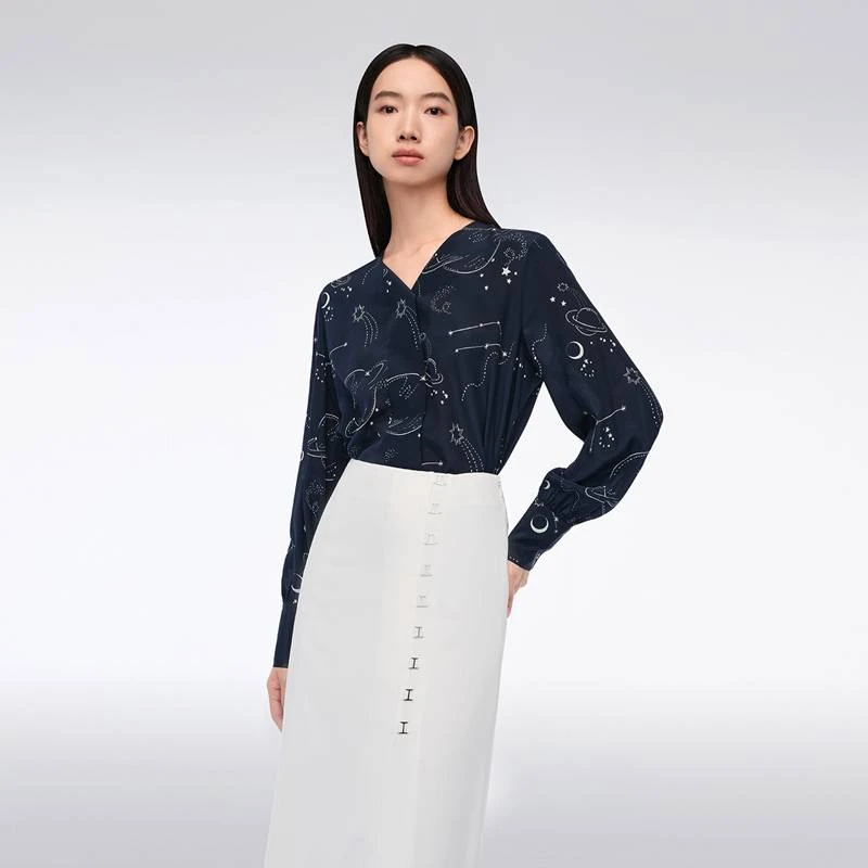 【星辰印花】OVV春夏新款女装12MM双绉真丝长袖衬衫GNEAJ14009A
