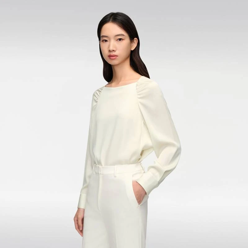 OVV春夏新款女装20MM弹力双乔桑蚕丝肩部抽褶方领衬衫GNSAJ14008A