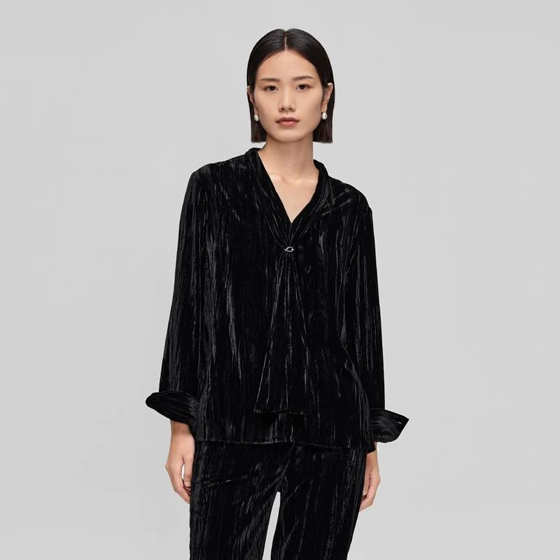 OVV秋冬新款女装精致压褶V领飘带休闲通勤丝绒衬衣GNSAJ33105A